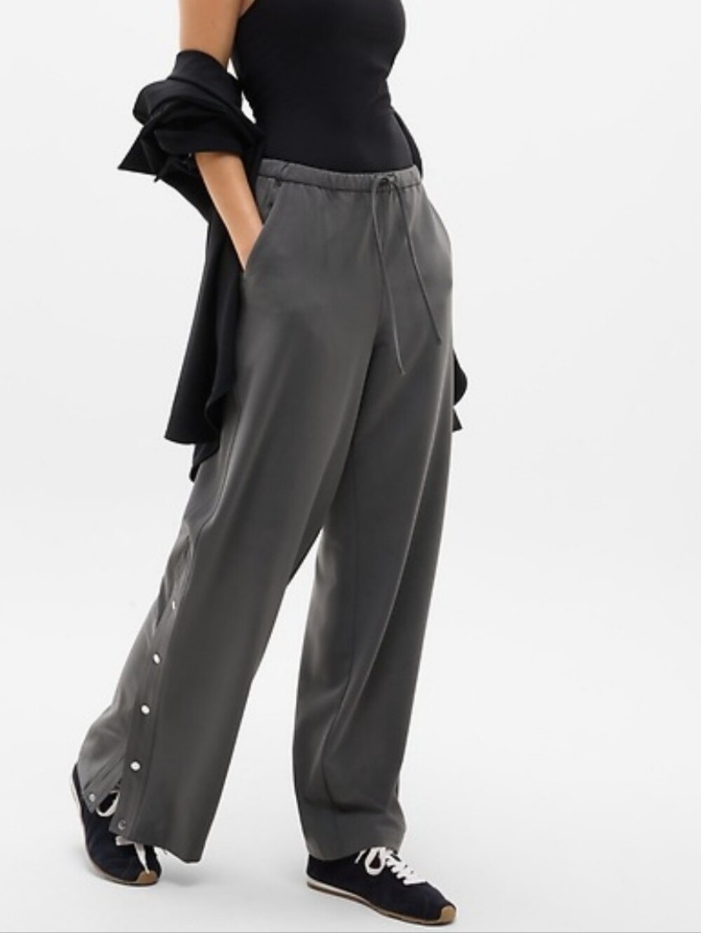 Athleta MVP Snap Side Pants Shadow Gray Wide Leg Trouser Drawstring Waist XL